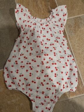 Baby Cherry Print Muslin Romper - White & Red